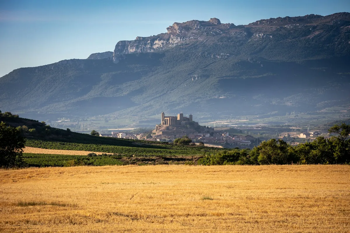 Viñedos y castillo de San Vicente de la Sonsierra, en La Rioja, con la sierra de Cantabria al fondo